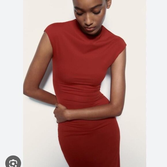 Zara Polyamide Midi Dress Red Size Medium - Picture 2 of 10